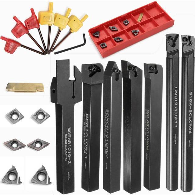 7pcs 10mm Shank Lathe Turning Tool Holder Boring Bar with 7pcs VP15TF Carbide Inserts