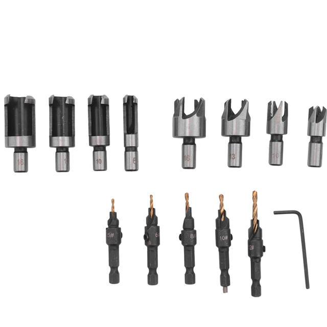 14Pc Countersink Drill Bit Wood Plug Cutter Carpentry Woodworking Screw Drilling Pilot Holes for