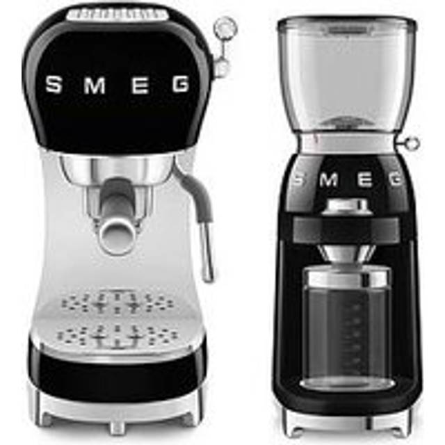Smeg 50's Style Retro Coffee Range Set, Espresso Coffee Machine with Steam Wand, with Stainless Steel Grinders, Black, ECF02BLUK and CGF11BLUK