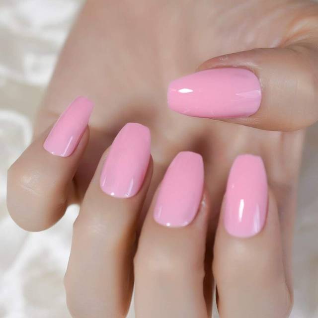coolNail Shiny coffin Pearl Pink Ballerina Fake Nails candy Pink UV Design False Nail Full cover Acrylic Nails Art