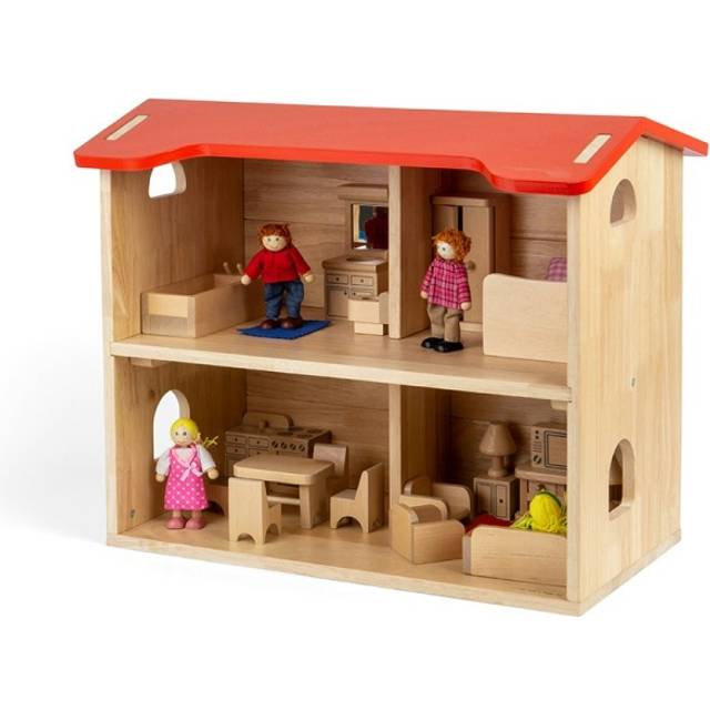 Bigjigs Toys Complete Wooden Dolls House, With Furniture, Red