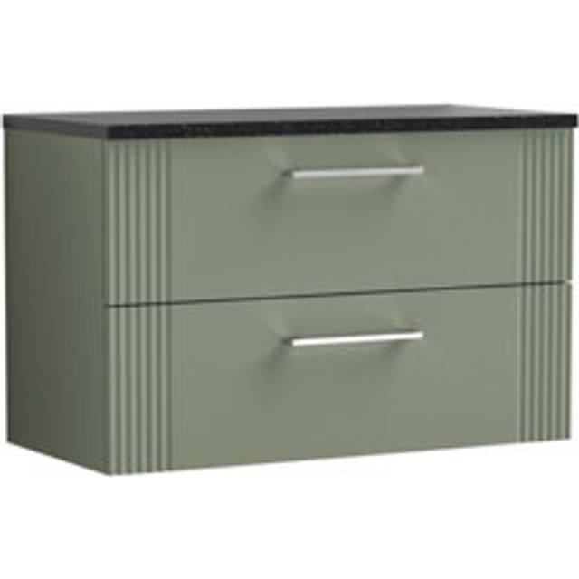Retro 2 Drawer Wall Hung Vanity Unit with Sparkling Black Laminate Worktop - 800mm - Satin Green - Balterley