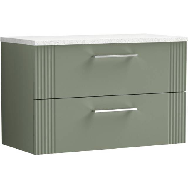 Retro 2 Drawer Wall Hung Vanity Unit with Sparkling White Laminate Worktop - 800mm - Satin Green - Balterley