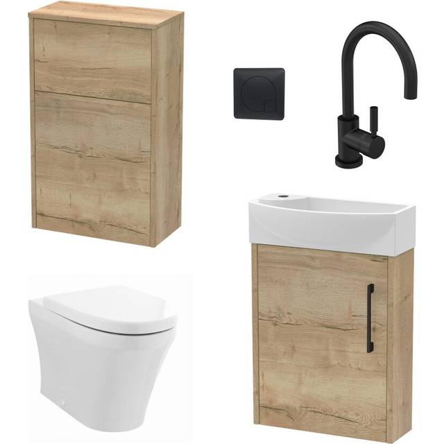Power Cloakroom Bundle - Right Wall Hung Vanity Unit, Concealed Cistern WC Unit, Toilet & Tap, 440mm - Oak/Black - Balterley