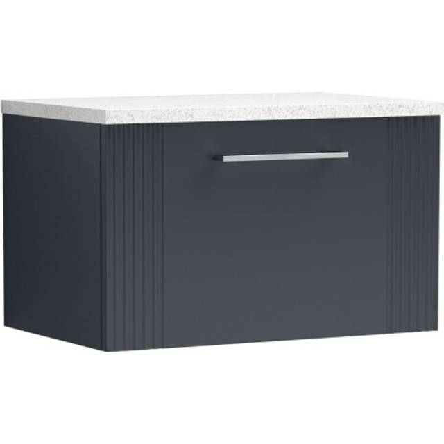 Retro 1 Drawer Wall Hung Vanity Unit with Sparkling White Laminate Worktop - 600mm - Satin Soft Black - Balterley