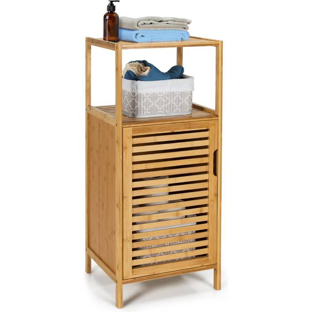 2-Tier Bamboo Bathroom Storage Cabinet with Single Door and Open Shelves-Natural