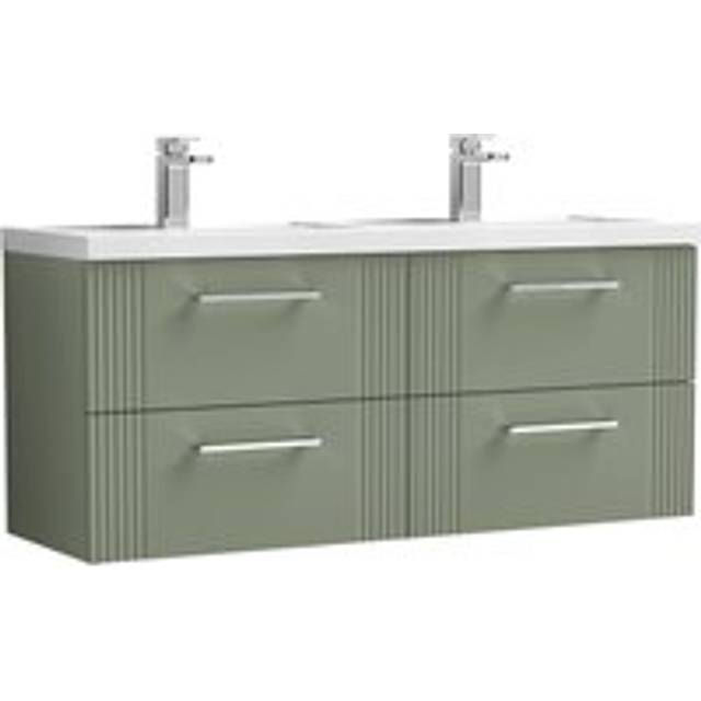 Retro 4 Drawer Wall Hung Vanity Unit with Double Polymarble Basin - 1200mm - Satin Green - Balterley