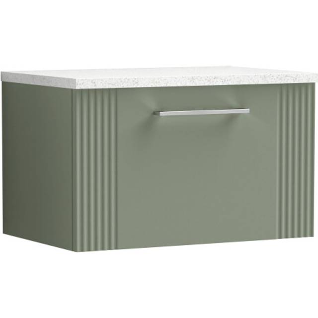 Retro 1 Drawer Wall Hung Vanity Unit with Sparkling White Laminate Worktop - 600mm - Satin Green - Balterley