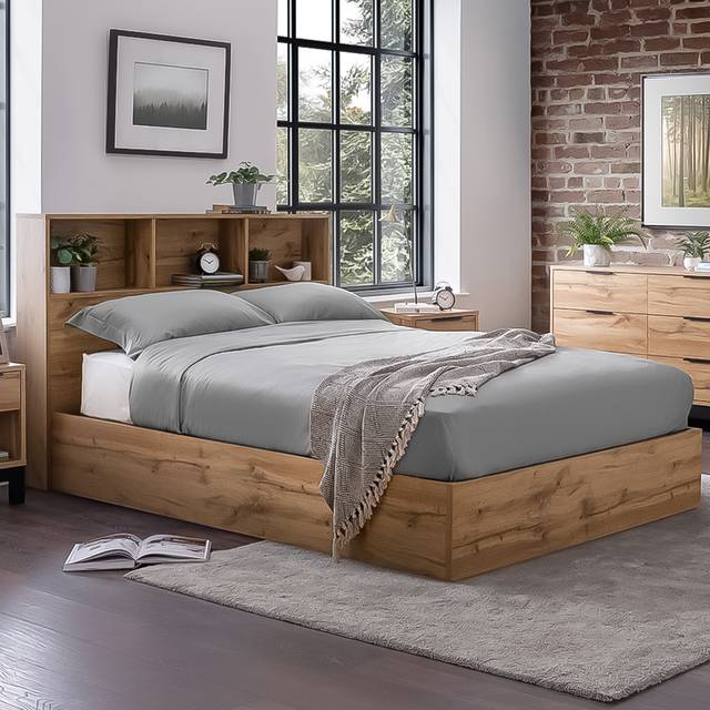 Julian Bowen Bali Bookcase Oak Wooden Ottoman Bed Frame - 5ft King Size