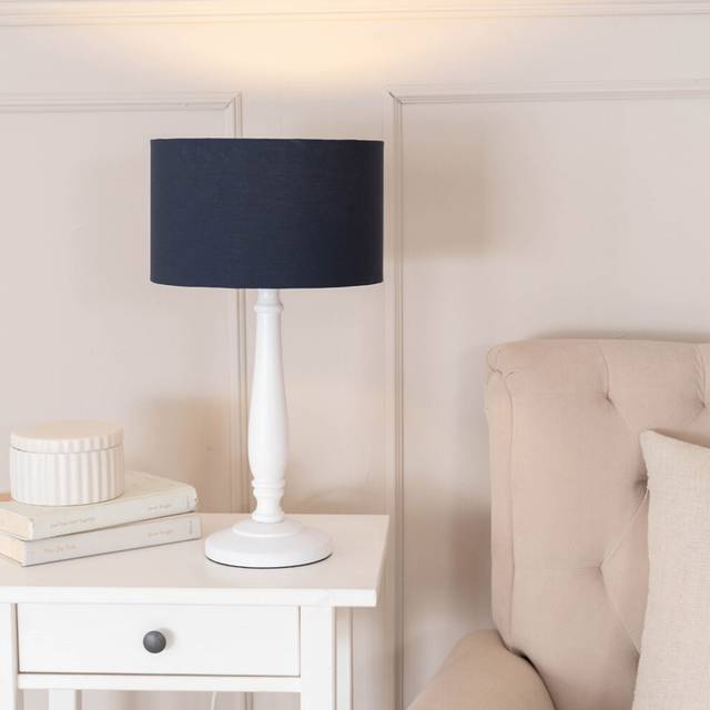 ValueLights Victoria Navy Blue Fabric Drum Shade White Wood Traditional LED Table Lamp - 45.5 x 25.5 x 25.5cm