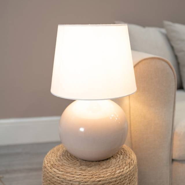 ValueLights Bosco Natural Stone White Fabric Tapered Shade Ceramic LED Table Lamp - Cream - 40 x 25 x 25cm
