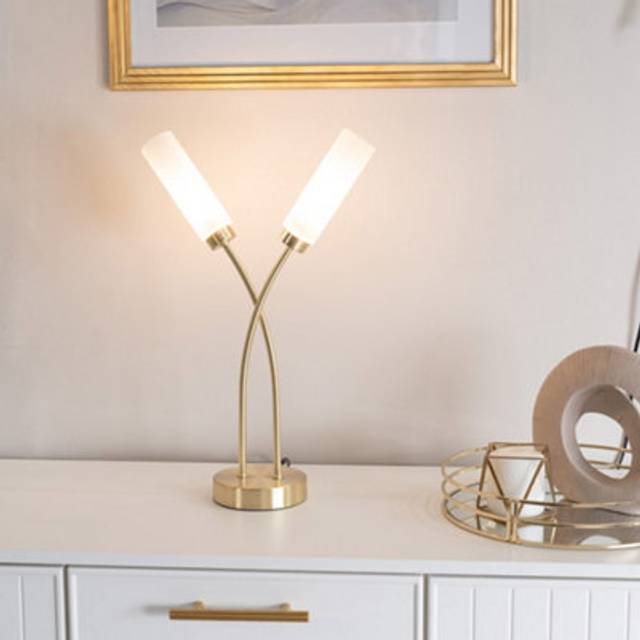 Valuelights - Maya 2 Way Curved Arm Cross Over Brushed Gold Table Lamp for Living Room Hallway Bedside Light - led Bulbs Included