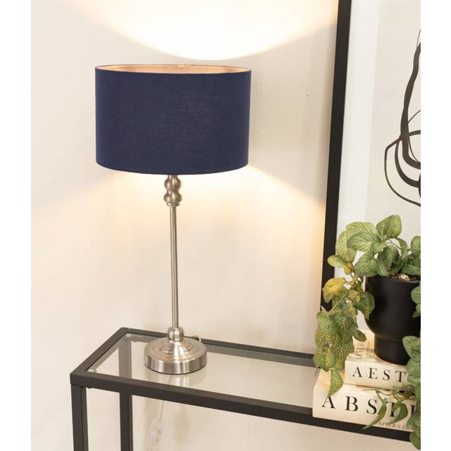 Maggie Brushed Chrome Candlestick Table Lamp with Fabric Drum Shade and LED Bulb - Navy - One Size
