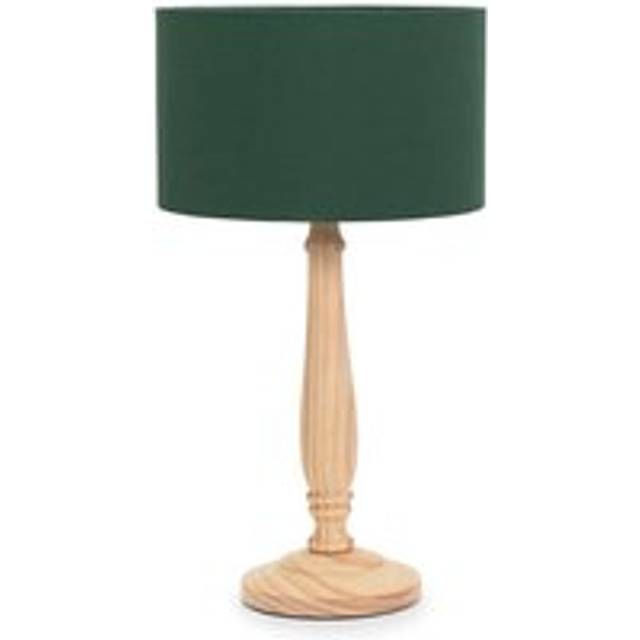 Victoria Traditional Light Wood Candlestick Table Lamp with Forest Green Drum Shade - led Bulb Included