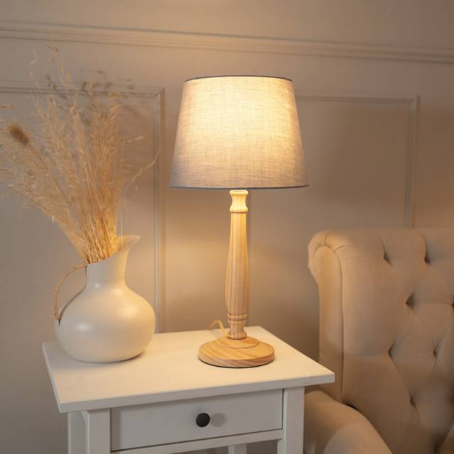 Victoria Traditional Light Wood Candlestick Table Lamp with Grey Tapered Shade - led Bulb Included
