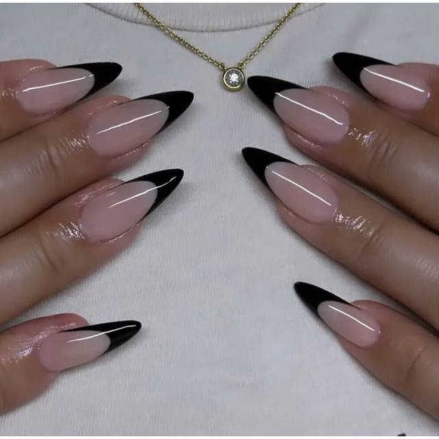 24 Medium Almond Black French Tip Press On False Nails Brand New
