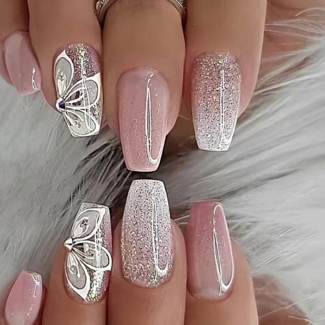 Glossy Pink Coffin False Nails Glitter Butterfly Design Full Cover Stick On UK