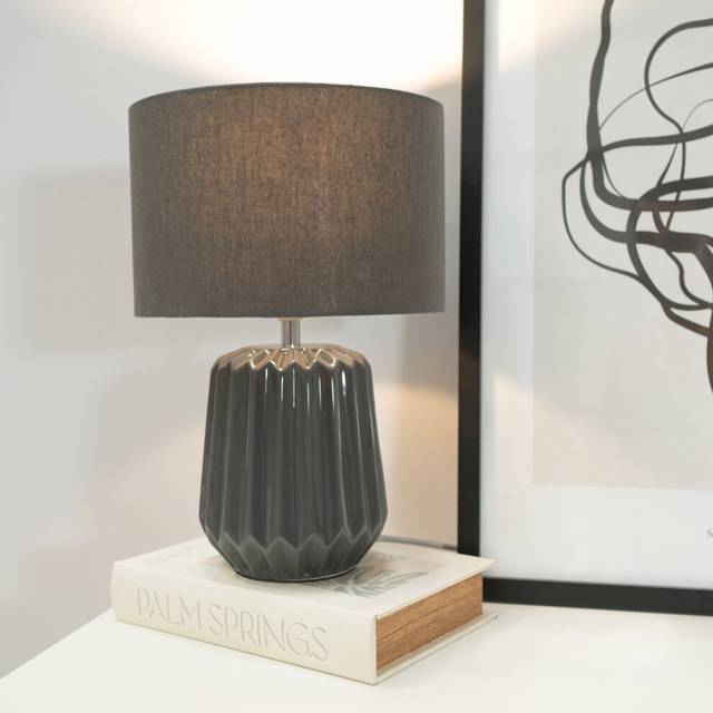 Valuelights - Zak Pair of - Charcoal Grey Textured Ceramic Bedside Table Lamp with Drum Shade