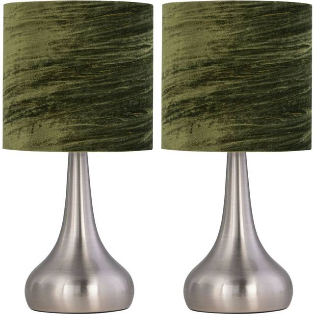 Set of 2 Romana - Brushed Chrome Touch Operated Table Lamps Bedside Lights Dark Green Crushed Velvet Shade