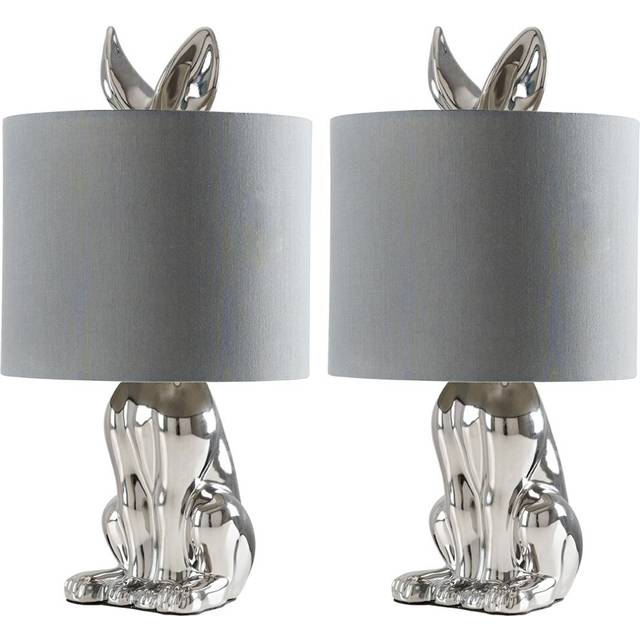 Minisun - Lepus Pair of Modern Chrome Ceramic Rabbit Hare Table Lamps with Grey Shades