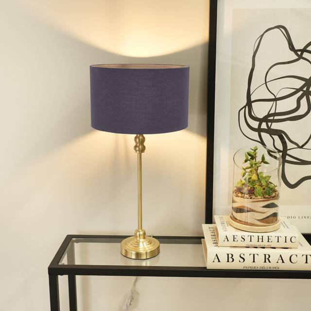 Maggie Gold Metal Candlestick Table Lamp with Fabric Drum Shade and LED Bulb - Navy - One Size