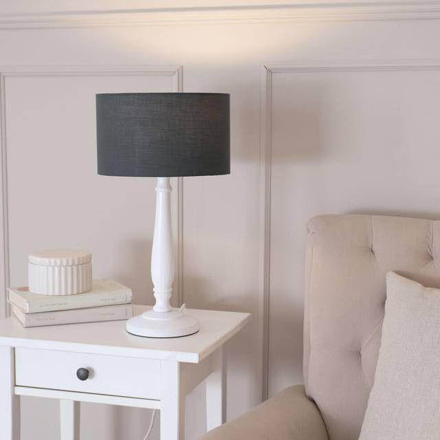 ValueLights Victoria Charcoal Fabric Drum Shade White Wood Traditional LED Table Lamp - 45.5 x 25.5 x 25.5cm