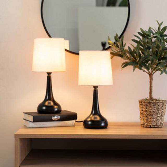 Valuelights - Pair - Black Teardrop Touch Dimmer Table Lamps with Blush Pink Shade for Bedside Table Bedroom Light