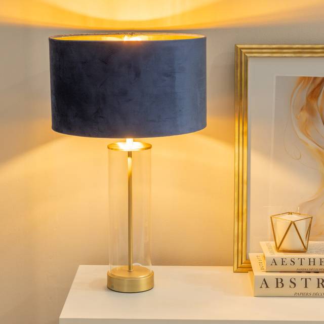 Balan Glass with Gold Table Lamp Navy Blue Velvet with Metallic Gold Inner Shade - Navy