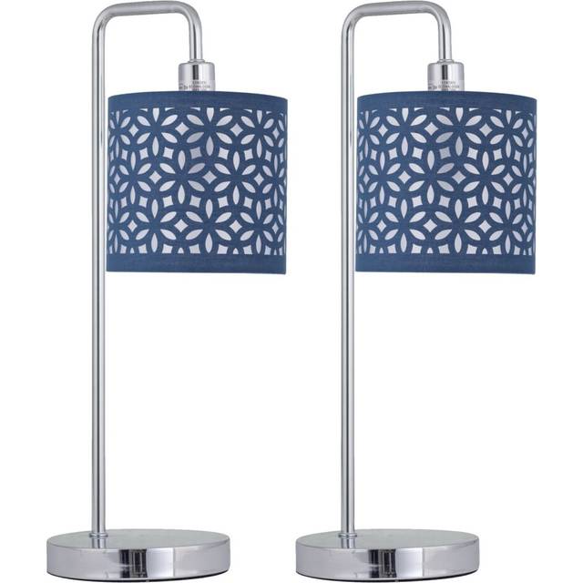 Set of 2 chrome arched 45cm table lamps bedside lights navy blue laser cut shade