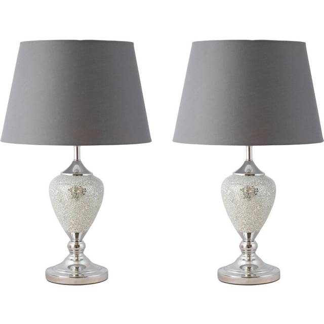 Pair of Mirrored Crackle Glass Table Lamp with Grey Shades