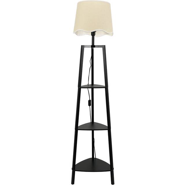 ValueLights Hiru 3 Shelf Linen White Trim Scallop Shade Black Wooden LED Floor Lamp