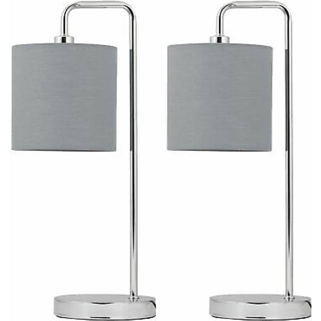 Set of 2 Chrome Arched Table Lamps with Grey Cotton Shades