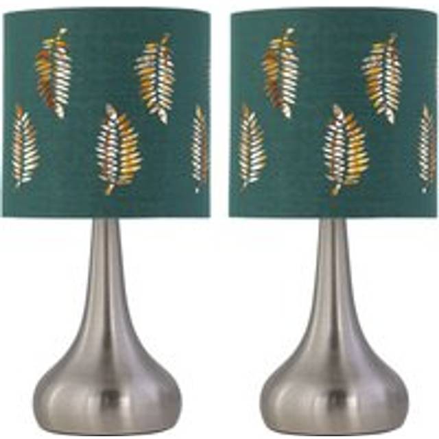 Set of 2 Romana - Brushed Chrome Touch Operated Table Lamps Bedside Lights Dark Green Fern Shade