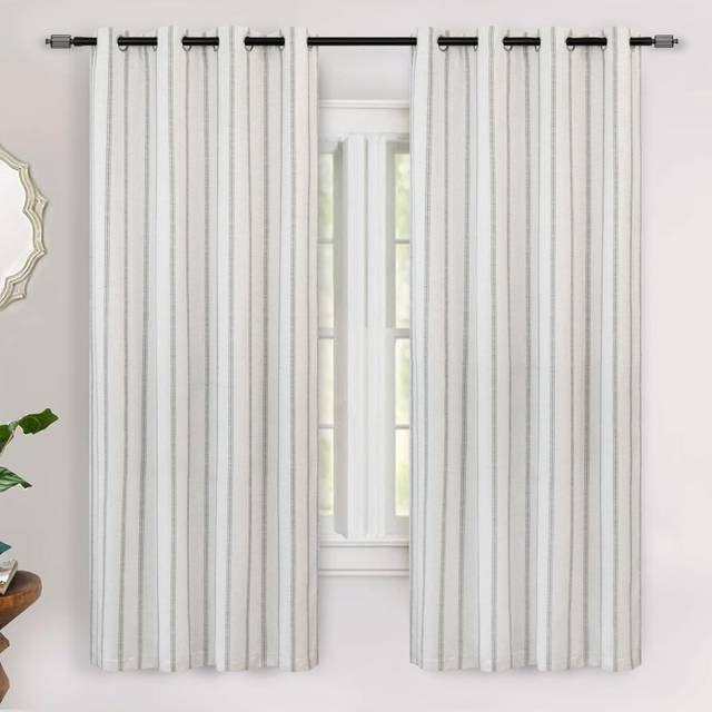 DriftAway Farmhouse Linen Blend Blackout Curtains 63 Inches Long for Bedroom Vertical Striped Printed Linen Curtains Thermal Insulated Grommet Lined T