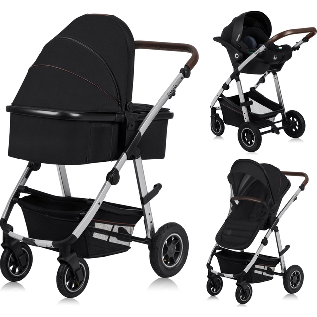 LIONELO Bärnsten barnvagn 3-i-1 kombibarnvagn, set, sportigt säte, fast babybadkar, bilstolsväska, myggnät, regnskydd, XXL-tak med solskydd