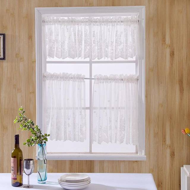 (white, 130*60CM) Bedroom Lace Short Small Window Curtain Rod Pocket Cafe Curtains Sheer Window Curtain