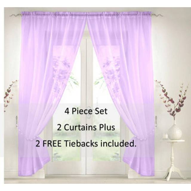 Elegant Plain Voile Panel Curtains PAIR, Sheer Light-Diffusing Window Treatments with FREE Tie Backs - Lavender - 150cm width x 122cm drop
