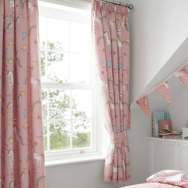 Kids Unicorns Rainbows Pink Fully Lined Pencil Pleat Curtain Set - 167cm width x 137cm drop