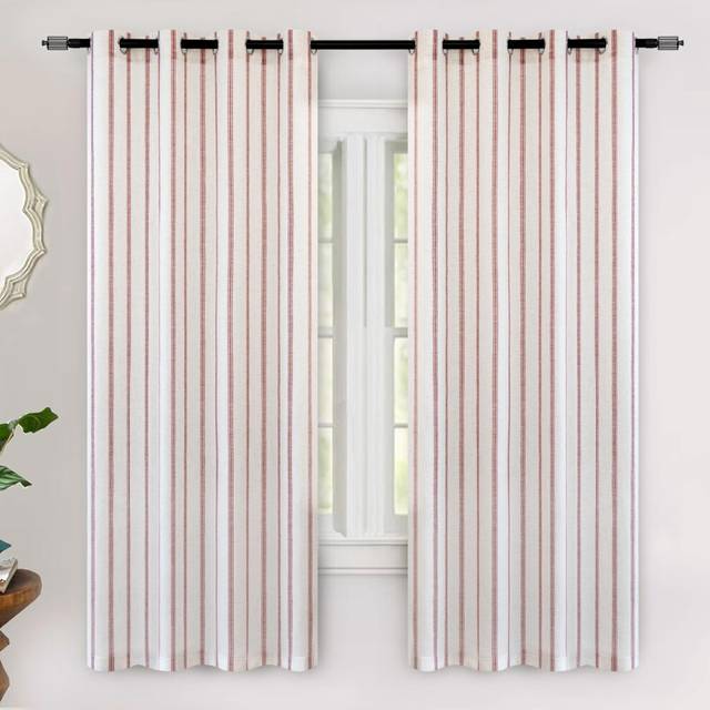 DriftAway Farmhouse Linen Blend Blackout Curtains Vertical Striped Printed Linen Curtains for Bedroom Thermal Insulated Country Rust Grommet Lined Tre