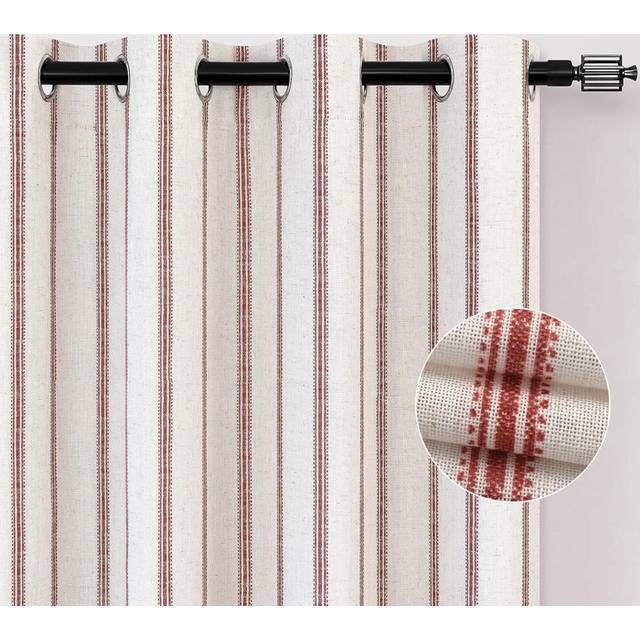 DriftAway Farmhouse Linen Blend Blackout Curtains 96 Inches Long for Bedroom Vertical Striped Printed Linen Curtains Thermal Insulated Grommet Lined T