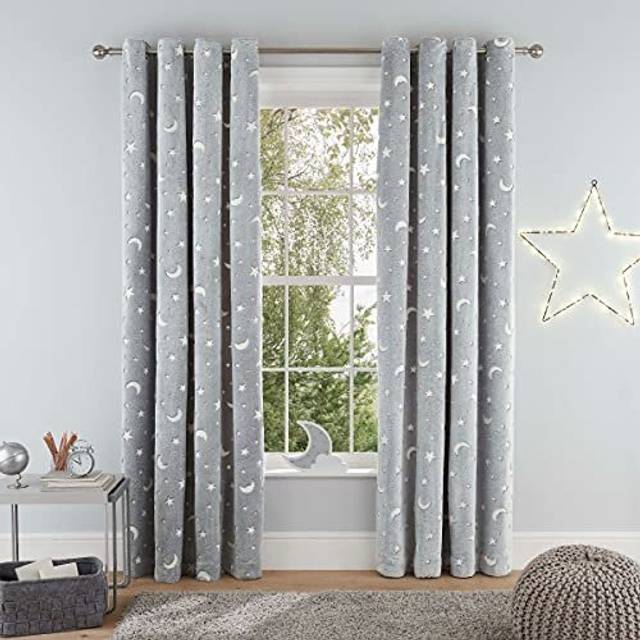 Teddy Fleece Glow in the Dark Super Soft Moon and Stars Eyelet Curtains for Bedroom and Living Room - 46x54 - Grey - 2 Panels
