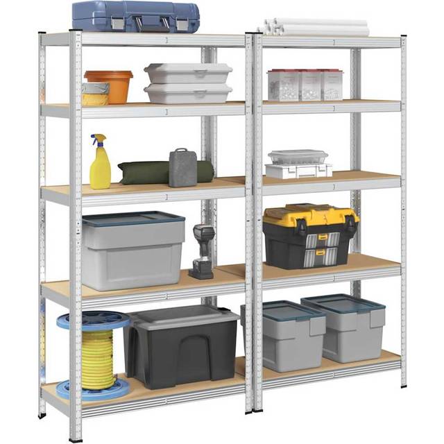 vidaXL 5-Layer Heavy-duty Shelves 2 pcs Silver Steel&Engineered Wood