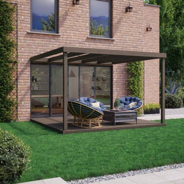 Box Wall Mounted Pergola and Decking Kit - Wood - L240 x W240 x H270 cm - Rustic Brown