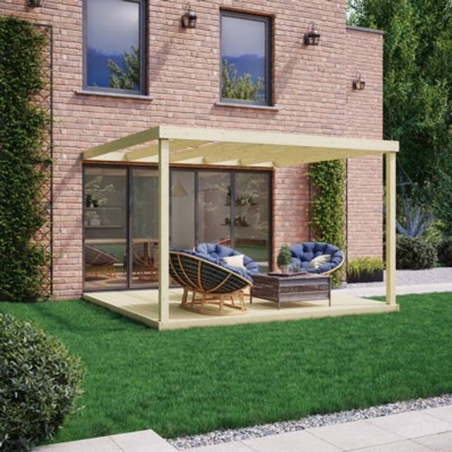 Box Wall Mounted Pergola and Decking Kit - Wood - L420 x W420 x H270 cm - Light Green