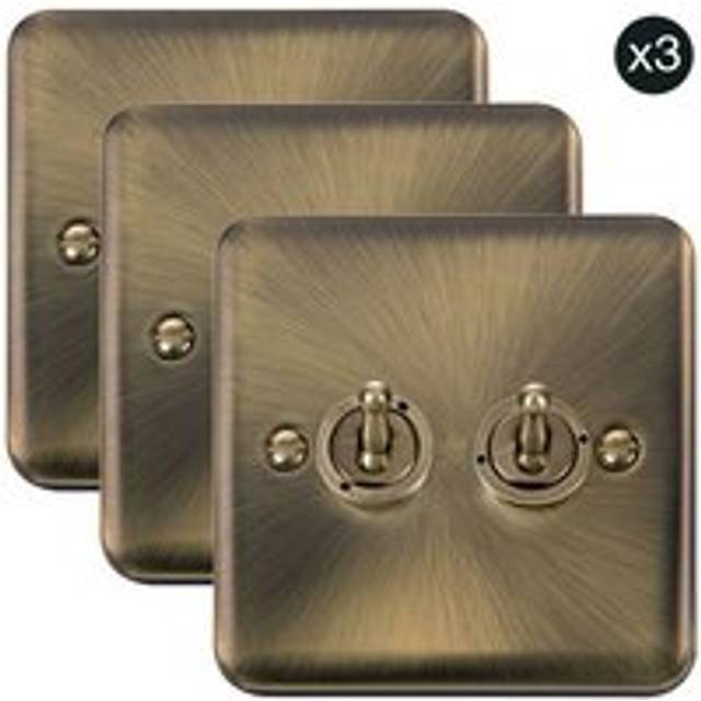 3 PACK - Curved Antique Brass 2 Gang 2 Way 10AX Toggle Light Switch - Gold - One Size
