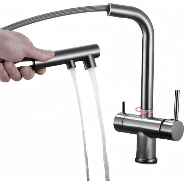 Three-way kitchen faucet with pull-out spray, 360° swivel kitchen faucet, faucet with filtered water outlet (gray)