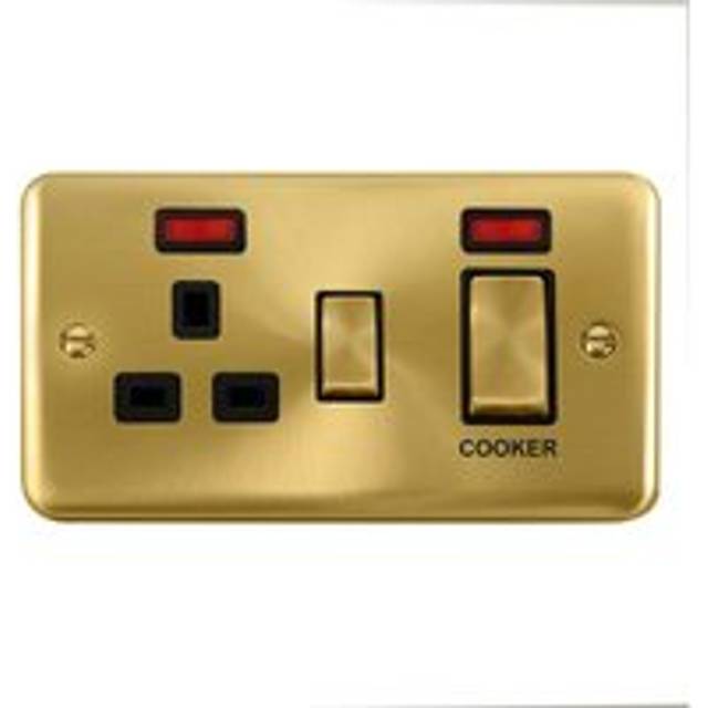 Curved Satin / Brushed Brass Cooker Control Ingot 45A With 13A Switched Plug Socket & 2 Neons - Black Trim Se Home