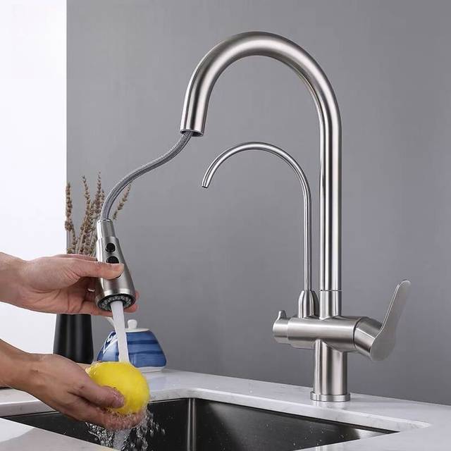 Cyslmuk - Way Extendable Kitchen Faucet Double Handle 360° Rotatable Kitchen Mixer Tap Cold Hot Available Silver