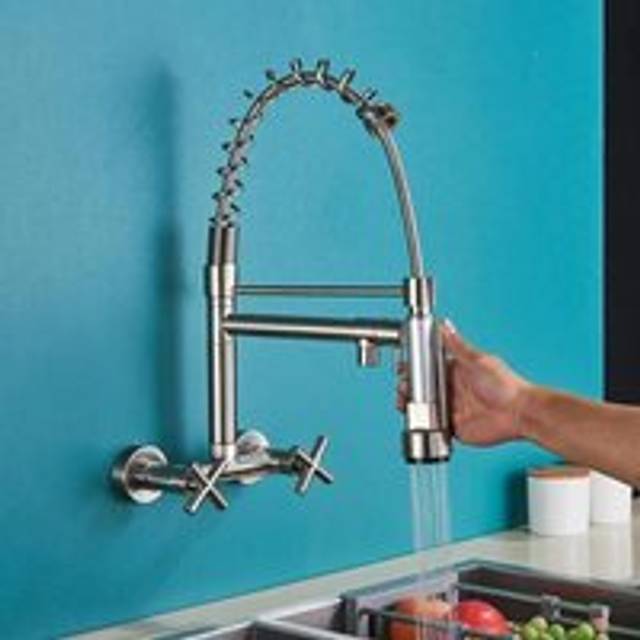 Concealed Wall Mounted Kitchen Faucet with Pull Down Spout, 360° Rotatable Sink Faucet with 3 Spray Modes Brushed