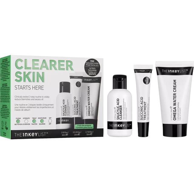 The INKEY List Ansikte Rengöring Clearer Skin Starts Here Salicylic Acid Cleanser 60ml + Succinic Acid Treatment 15ml + Omega Water Cream 50ml + Hydrocolloid Invisible Pimple Patches deluxe sample (12 pcs) 1 Stk. (194,00 kr / 1 st.)